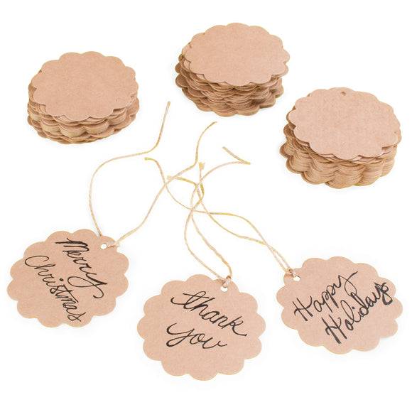 Brown Craft Scalloped Paper Label Tags with Twine String (100 Pack)